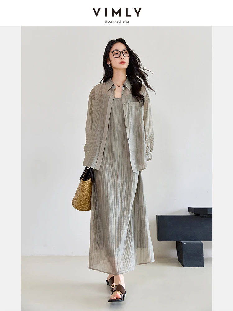 VIMLY Women\'s Office Lady Dress Sets 2026 Summer Simple Casual Chic Halter Dress+Loose Cardigan Shirt Elegant Spring Two Pieces