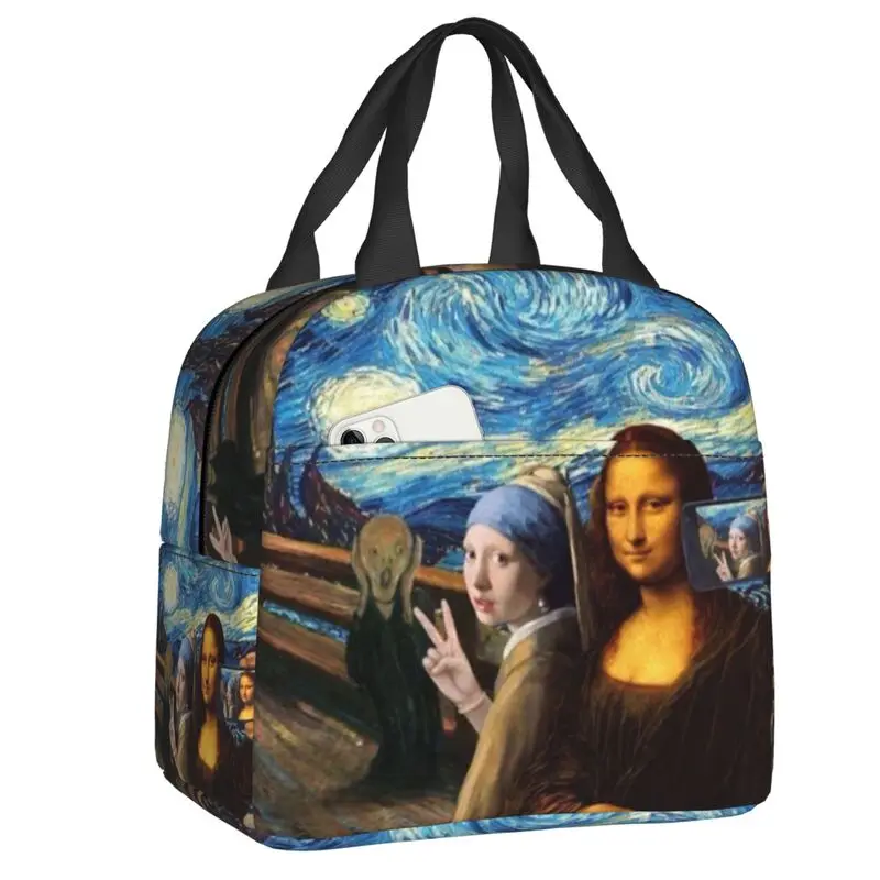 Starry Night By Mona Lisa And Vincent Van Gogh Insulated Lunch Bags for Outdoor Picnic Art Painting Thermal Cooler Bento Box