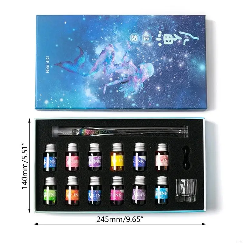 W89C 15 pezzi Crystal Glass Reg Reput Set Glitter Dip Pen con inchiostro a 12 colori per bambino