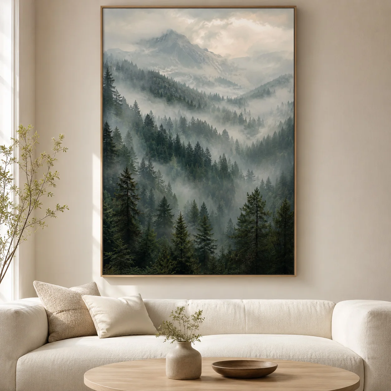 Misty Mountain Forest Canvas Print, Nordic Landscape Wall Art Poster