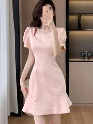 Summer Fashion Runway New Designer O-Neck Collar Solid Pink Printing Floral Office Lady Style A-LINE Dress