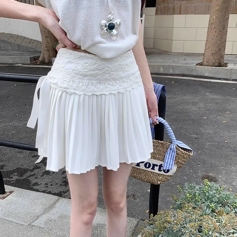 

Female Clothing Korean Lace Patchwork Skirts Stylish Drawstring Bow Summer High Waist A-Line Aura Vintage Pleated Mini Skirts