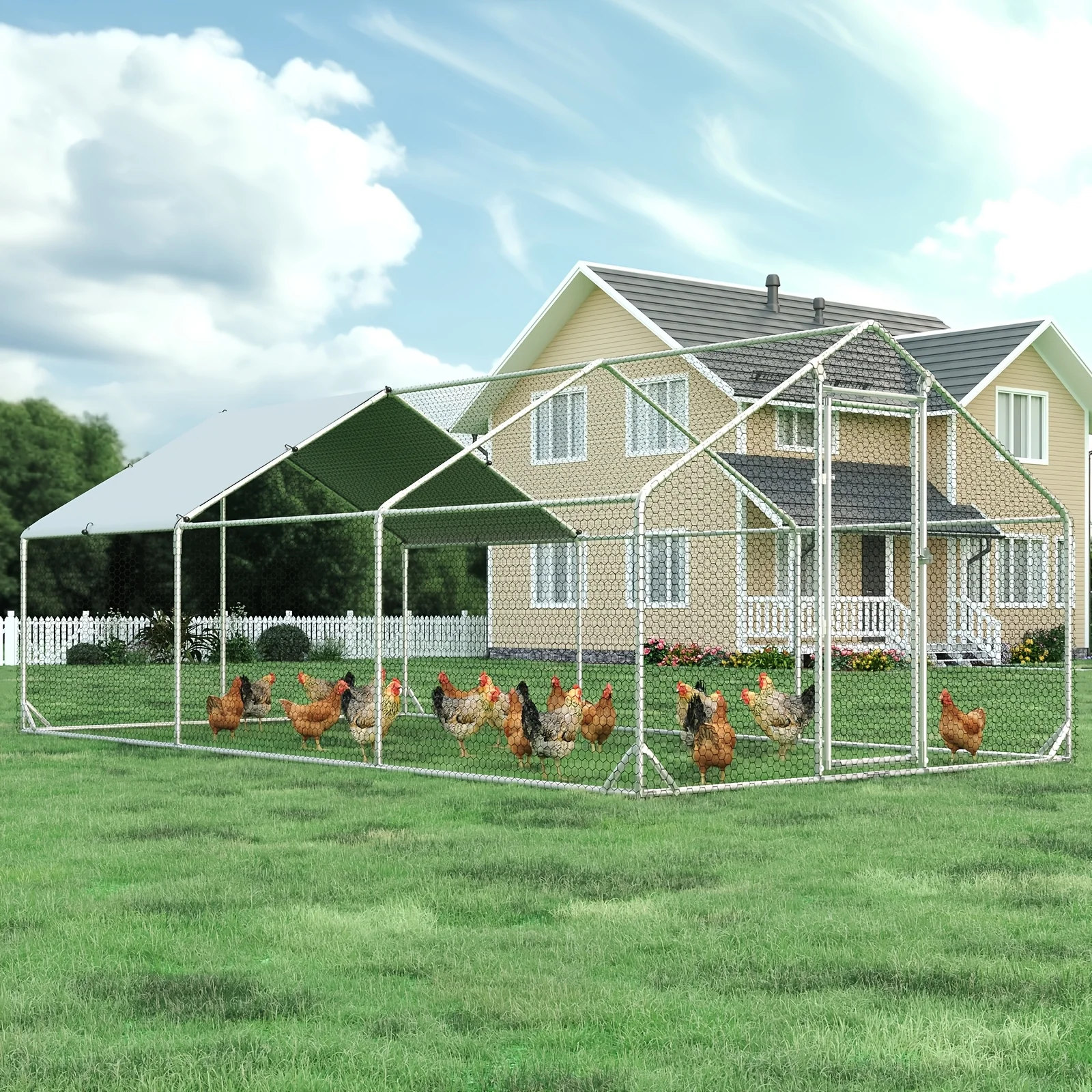 

Peaked-Roof Outdoor Chicken Coop, Large/Small Chicken Cages, Designed for 6 to 20 Chickens, Featuring a Walk-In Activity Area And Double Doors, with a Complimentary UV Protective Cover, Seamlessly Blending Into Your Backyard Environment