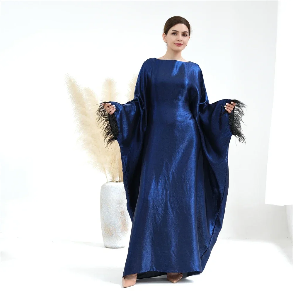 

Feather Satin Morocco Abaya Muslim Women Bat Sleeve Loose Maxi Dresses Turkey Arab Kaftan Dubai Robe Eid Party Jalabiya Vestidos