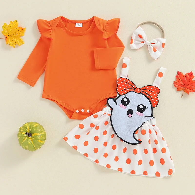 Baby Girls Halloween Set Long Sleeve Romper Ghost Suspender Skirt Bow Headband Clothes