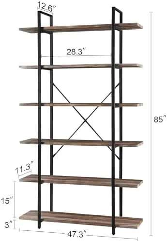 Étagère à livres industrielle T1 avec présentoirs, étagère à livres de 85 "de haut, étui à livres avec 6 étagères, rangement rustique, 6 niveaux