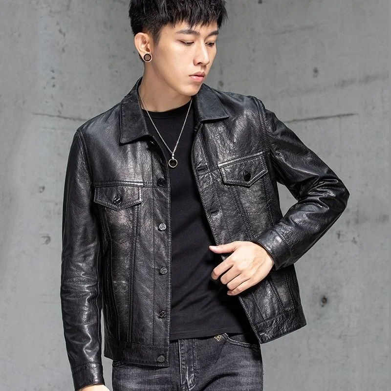 leather Men's jacket trend all-match handsome youth retro lapel motorcycle suit men's top