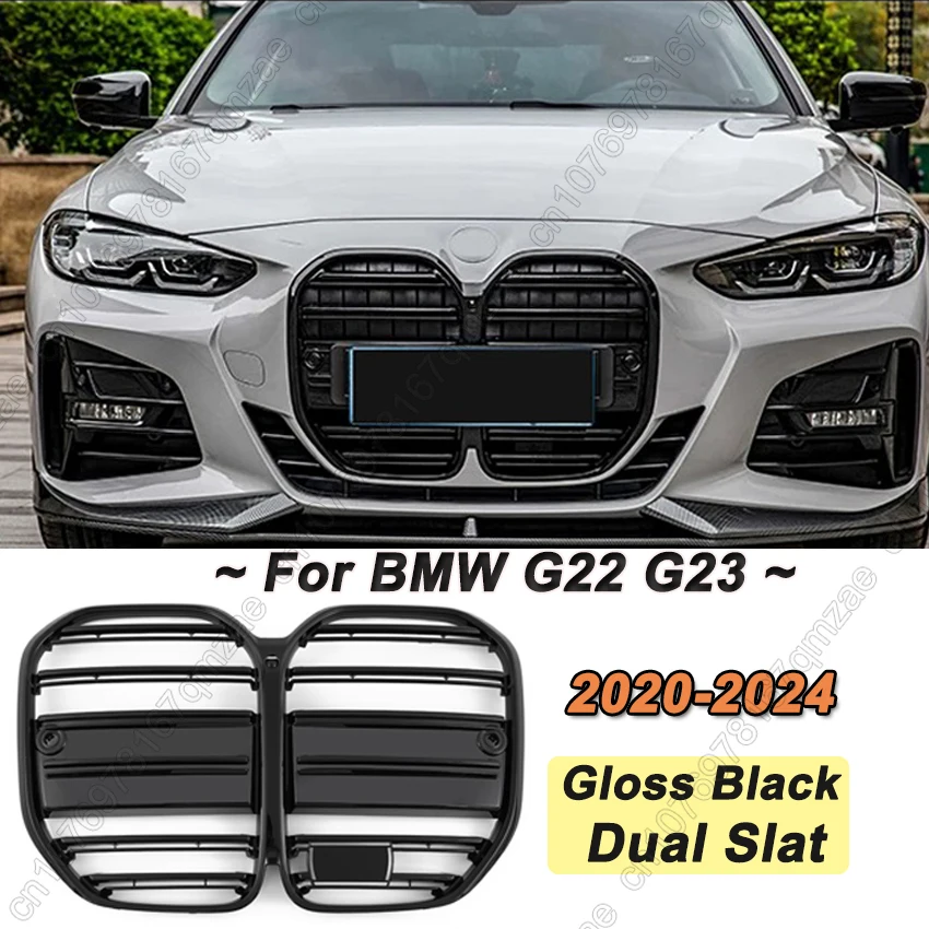 Front Grille For BMW 4 Series G22 G23 430i 435i M440i 2020-2024 Dual Line Gloss Black With ACC Front Grill Auto Racing Grill