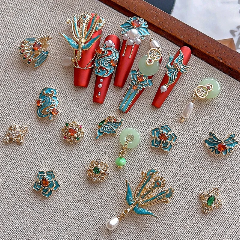 Retro corte chino Noble turquesa aleación Metal flor joyería antigua bohemia étnica accesorios de decoración de uñas decoraciones manicura