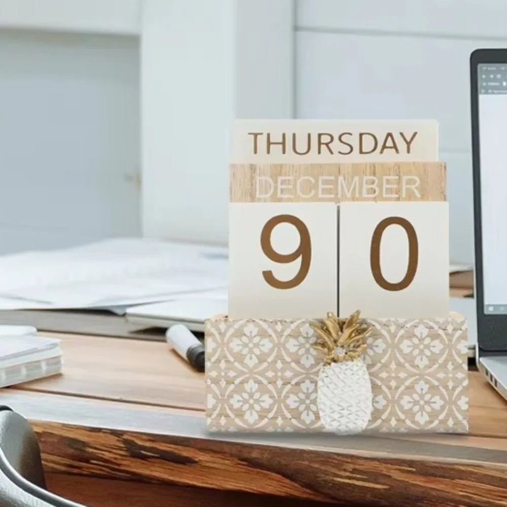 

Aesthetic Wooden Perpetual Calendar Pineapple Manual Desk Calendar Ornament Reusable Home Decoration Date Display Ornament Room