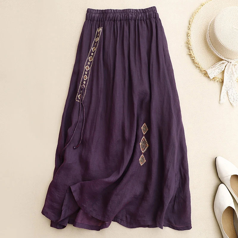 Vintage Mori Style Embroidery Double Layer Linen Ramie Skirt Women Summer Breathable Flowy A Line Maxi Skirt