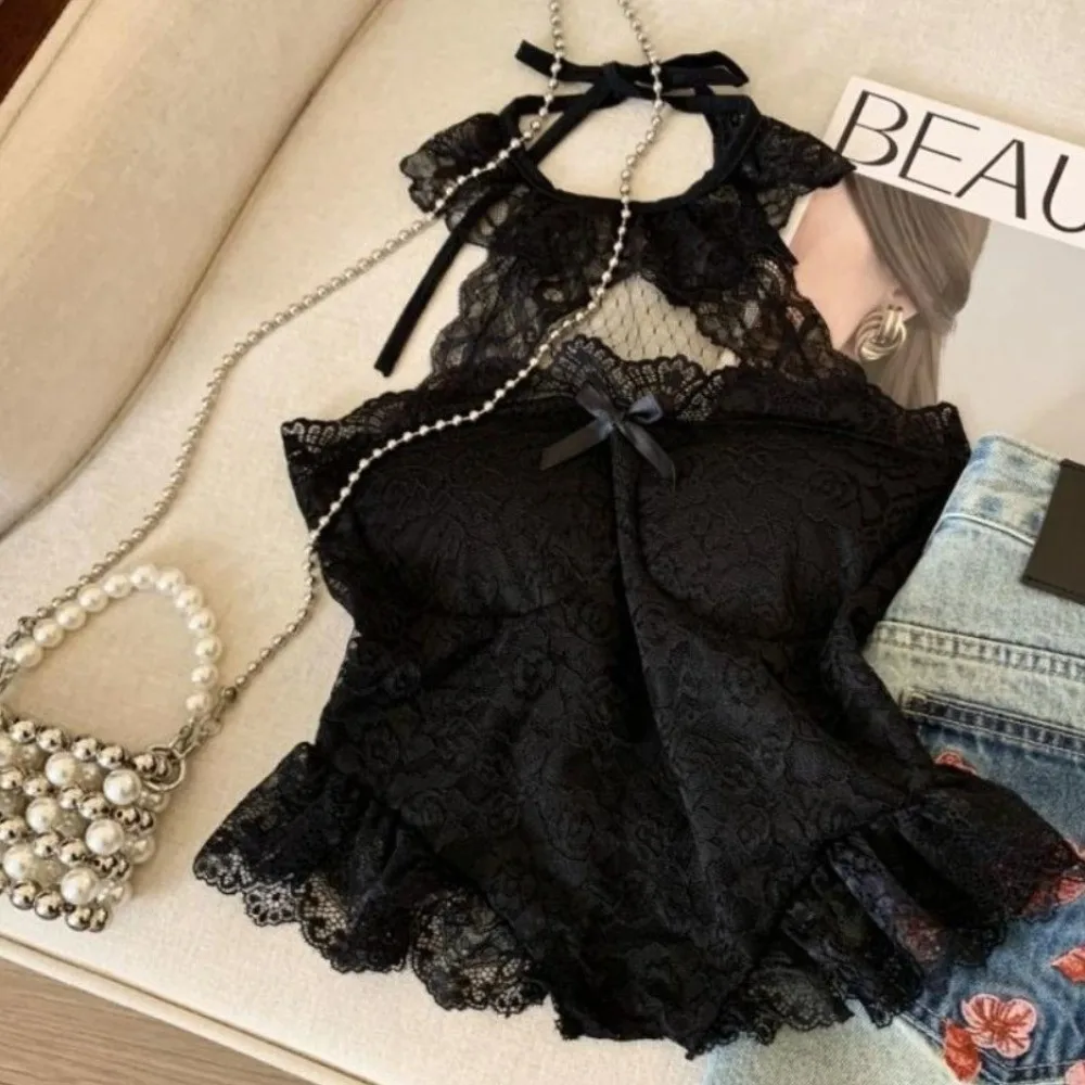 

Elegant Hollow Lace Camisole Halter Top Bow Lace Corset Streetwear Sleeveless Crop Tops Ladies