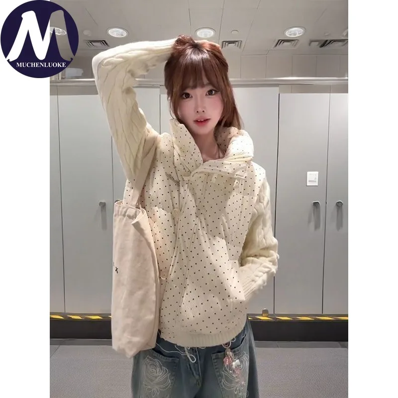 

Женская вязаная зимняя куртка с воротником-стойкой в горошек, корейская модная повседневная свободная теплая парка, элегантное пальто