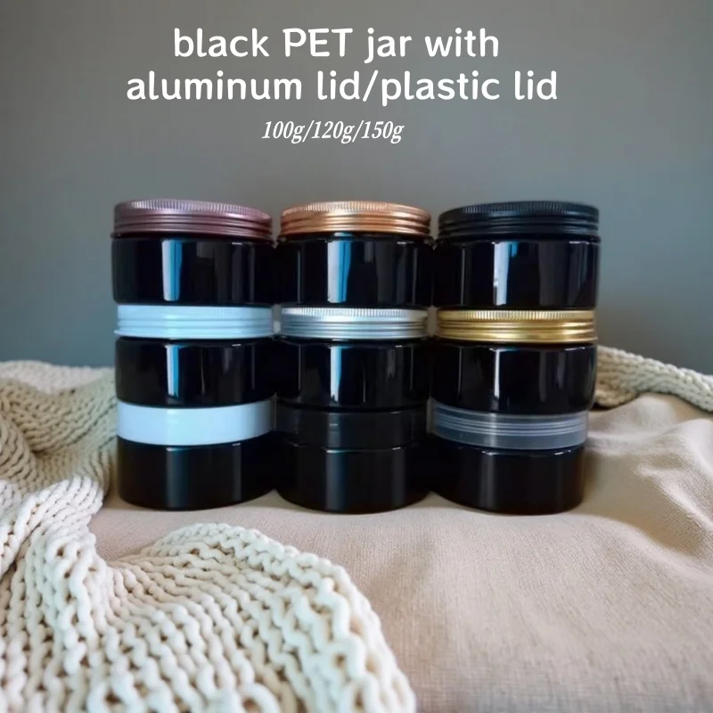 

10/30/50pcs 100g/120g/150g Empty Black PET Jar Cream/Mask Bottle Cosmetic Container Storage Jar With Aluminum Lid/PP Lid