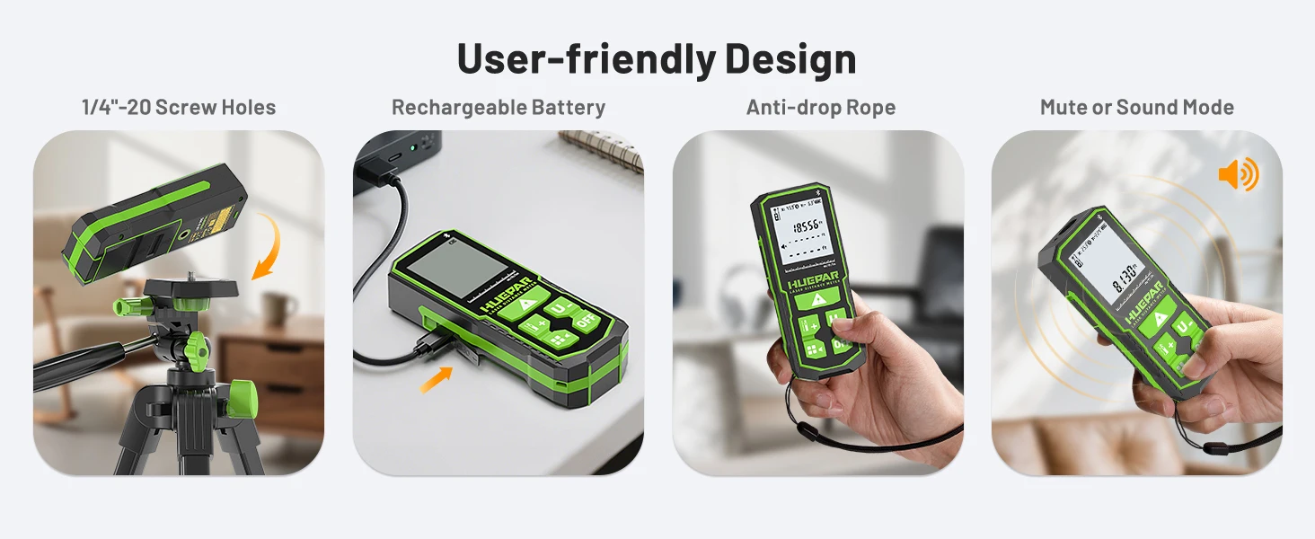 Huepar S100G-BT Bluetooth Laser-Entfernungsmesser Grüner Strahl 60M/100M/120M Digitaler Laser-Entfernungsmesser mit Winkelsensor – Detail 7