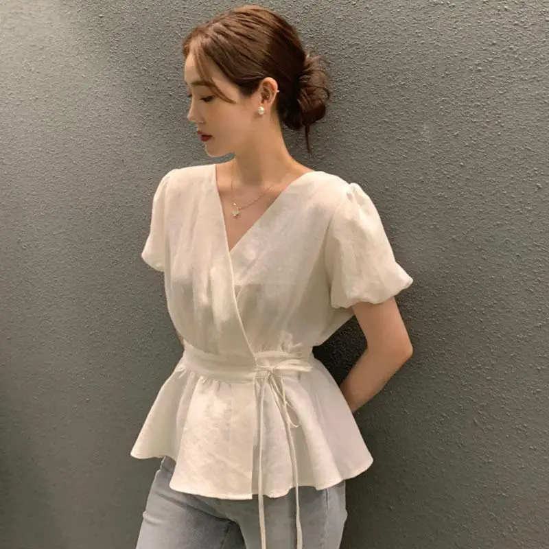 Korean Chic Summer Retro Versatile Cross V-neck Lace-up Waist Slimming Puff Sleeves Ruffle Shirt Top