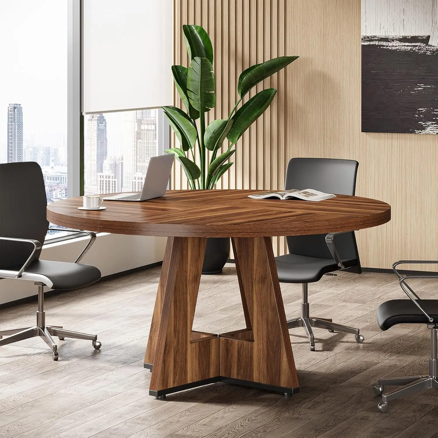 47-Inch Round Conference Table for 4-6 People, Wooden Meeting Room Table with Thicken Tabletop and Wood Base