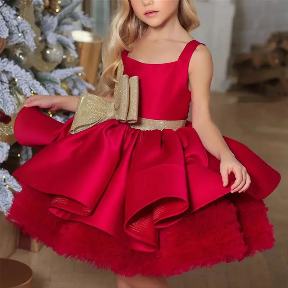 

Cute Flower Girl Wedding Dress Satin Sleeveless with Bow Princess Birthday Christmas Party Dress Prom Communion Gown Customized
