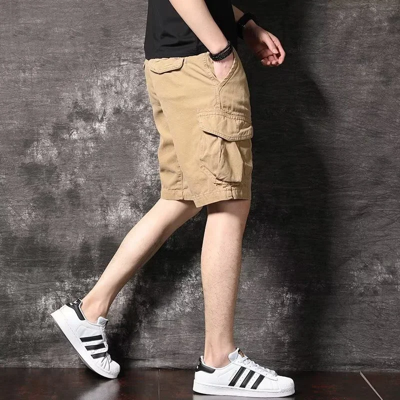 Male Bermuda Short Pants Solid Men's Cargo Shorts Cotton Khaki With Pockets Summer Casual Jorts Trend Unique Wide Front Pocket