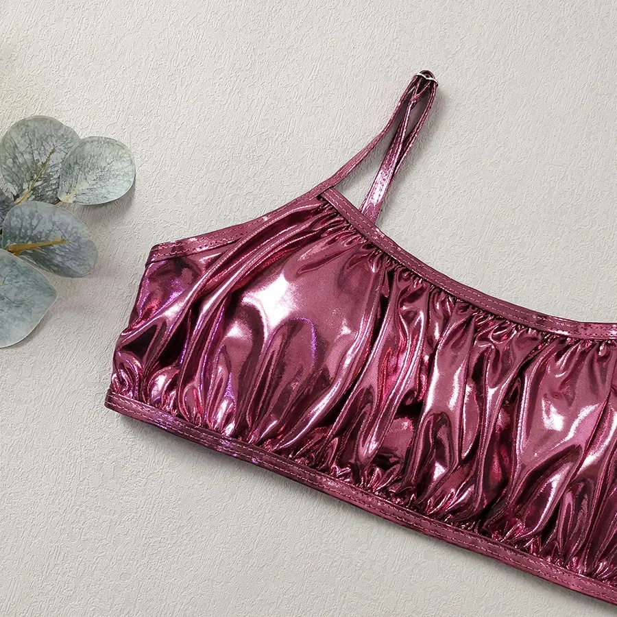 Glänzendes rosa Micro Thong 3-teiliges Bikini-Set Damen Damen 2025 Sexy Badeanzug mit Rock Cover Up Bandeau Bademode Beachwear Bikinis