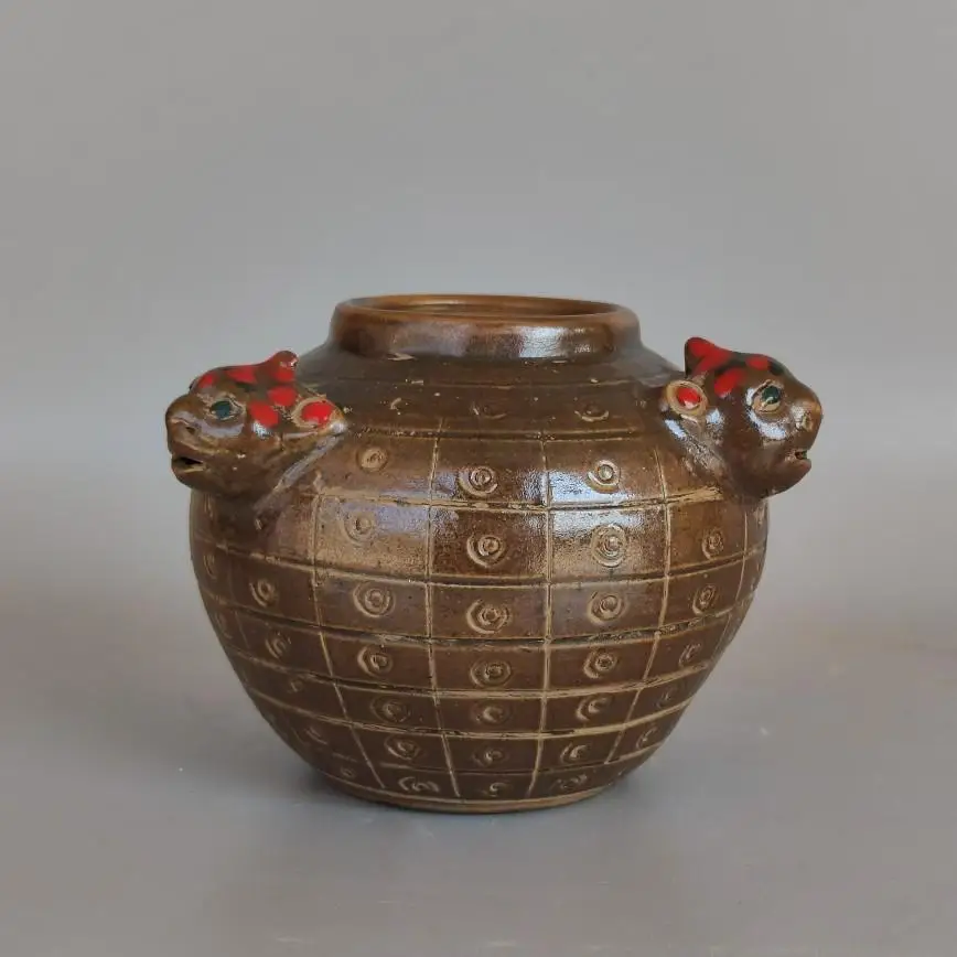 Dark Brown Glaze Double Beast Head Geometric Pattern Storage Jar Chinese Antique Ceramic Pot