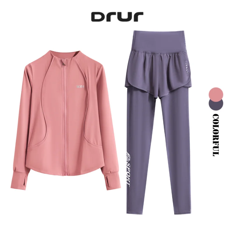 DRUR M-4XL Yoga-outfits 2-delige trainingssets Sweatshirt met volledige ritssluiting en broek Dames trainingspak Actieve kleding Herfst-wintersportkleding