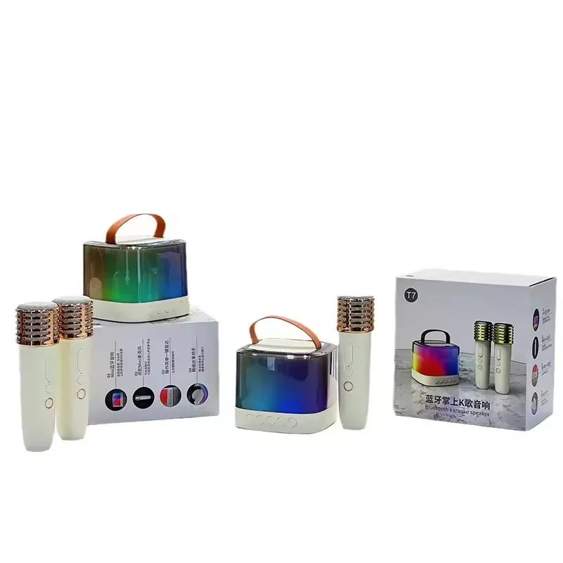 T7 Macchina portatile Karaoke Lettore musicale Mp4 2 microfoni Mini altoparlante da 5 W per esterni Blue Tooth con luce a LED e microfono