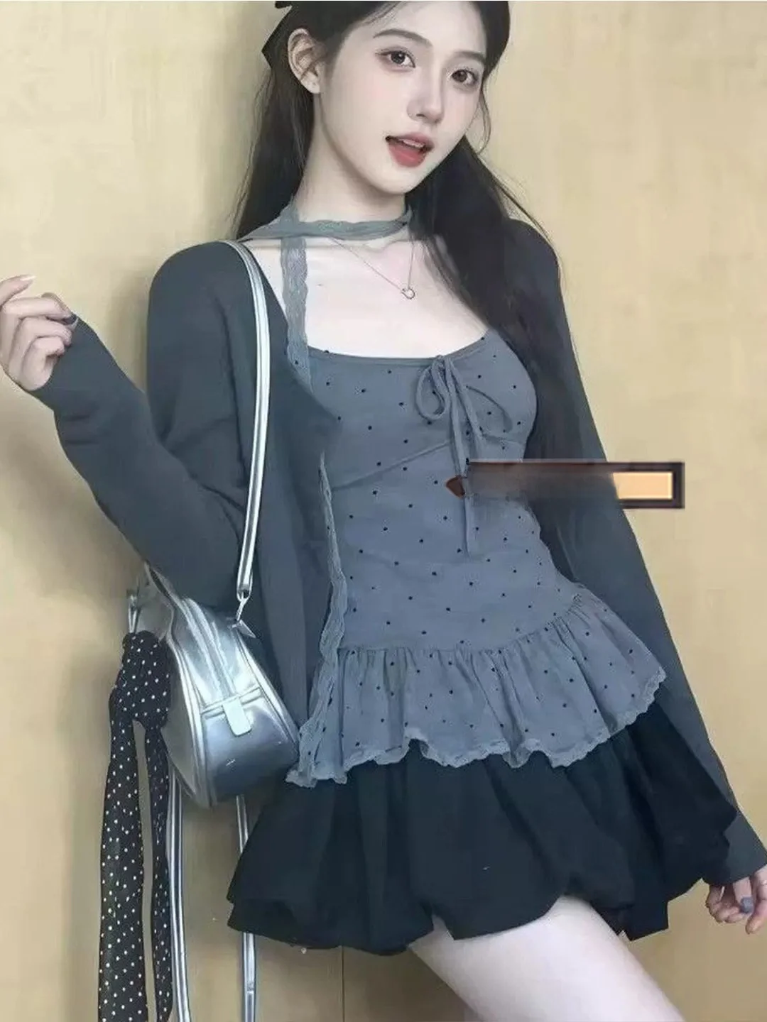 

Sweet Polka Dot Ruffle Sleeveless Top And Cardigan Short Outerwear Women's Summer Korean Style Breathable Thickened Spring Date