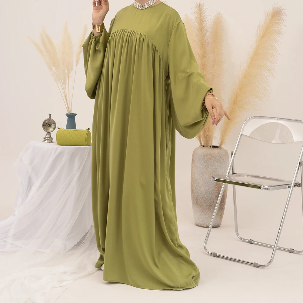 

Satin Abaya for Women Shimmer Lantern Sleeve Islamic Hijab Robe Dubai Turkey Modest Outfit Kaftan Ramadan Muslim Long Dress
