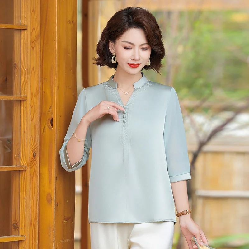 

Faionable Summer irt Set for Mom Mid-aged And ly Women Polyester Fiber V-ne Loose Sle Nine-point Pants