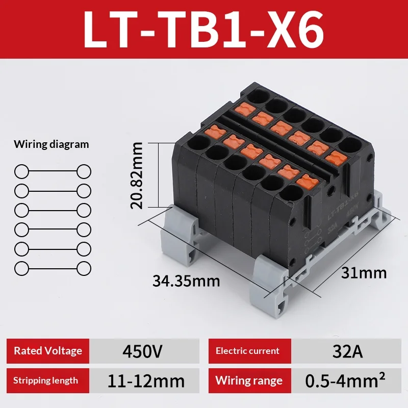 Push-in-Klemmenblock, Mehrfach-Ein- und Ausgangsklemme, Schnellverbindung von Drähten, DIN-Schienen-Kabelverbinder, Universelle Anschlussdose TB1-X6D