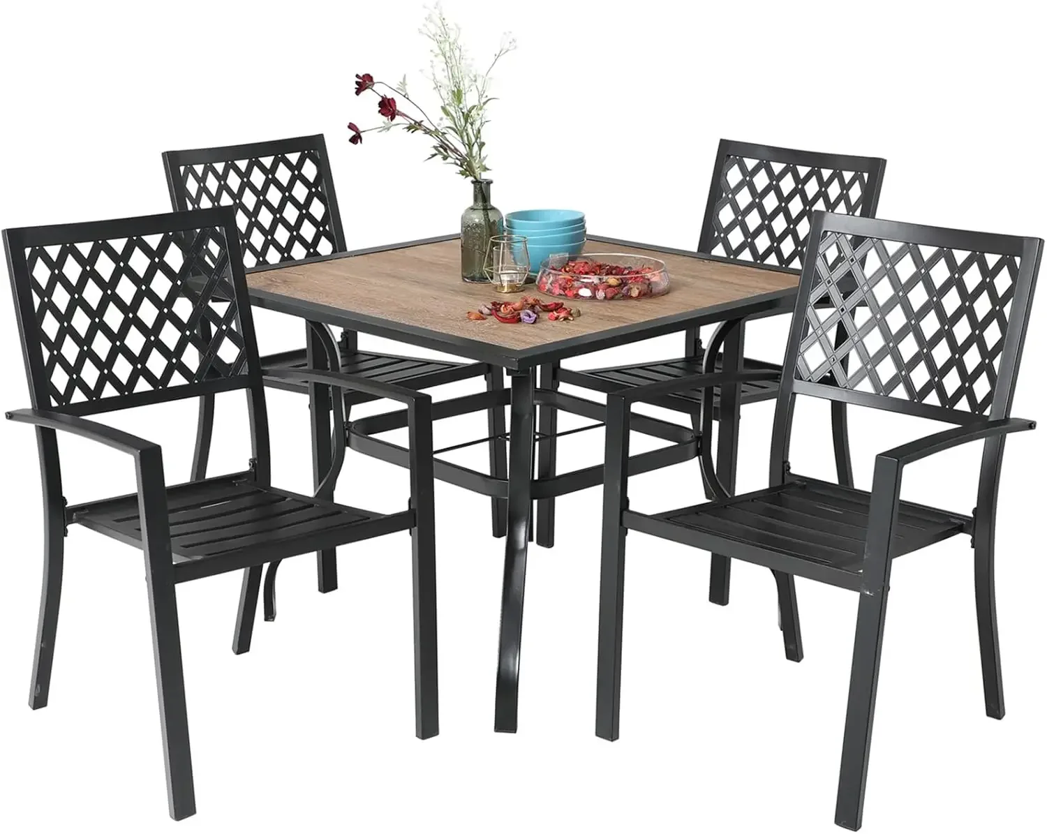 MFSTUDIO 5 Piece Patio Dining Table Set, 4 Metal Stackable Chairs and 37