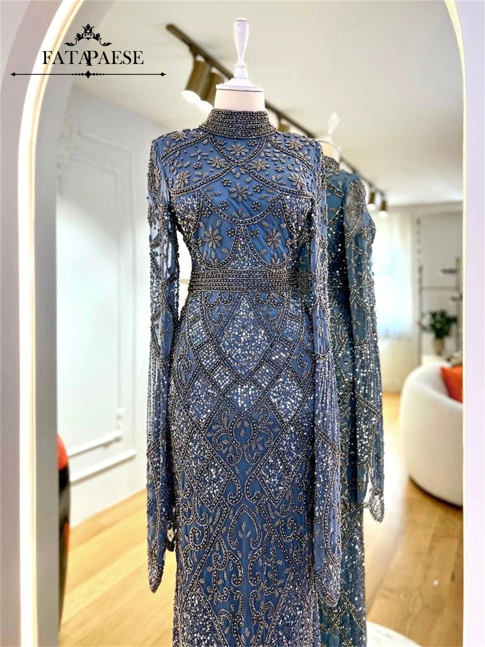FATAPAESE 무슬림 럭셔리 이브닝 드레스 하이넥 풀 비즈 배트 슬리브 머메이드 프롬 드레스 아랍 두바이 히잡 드레스