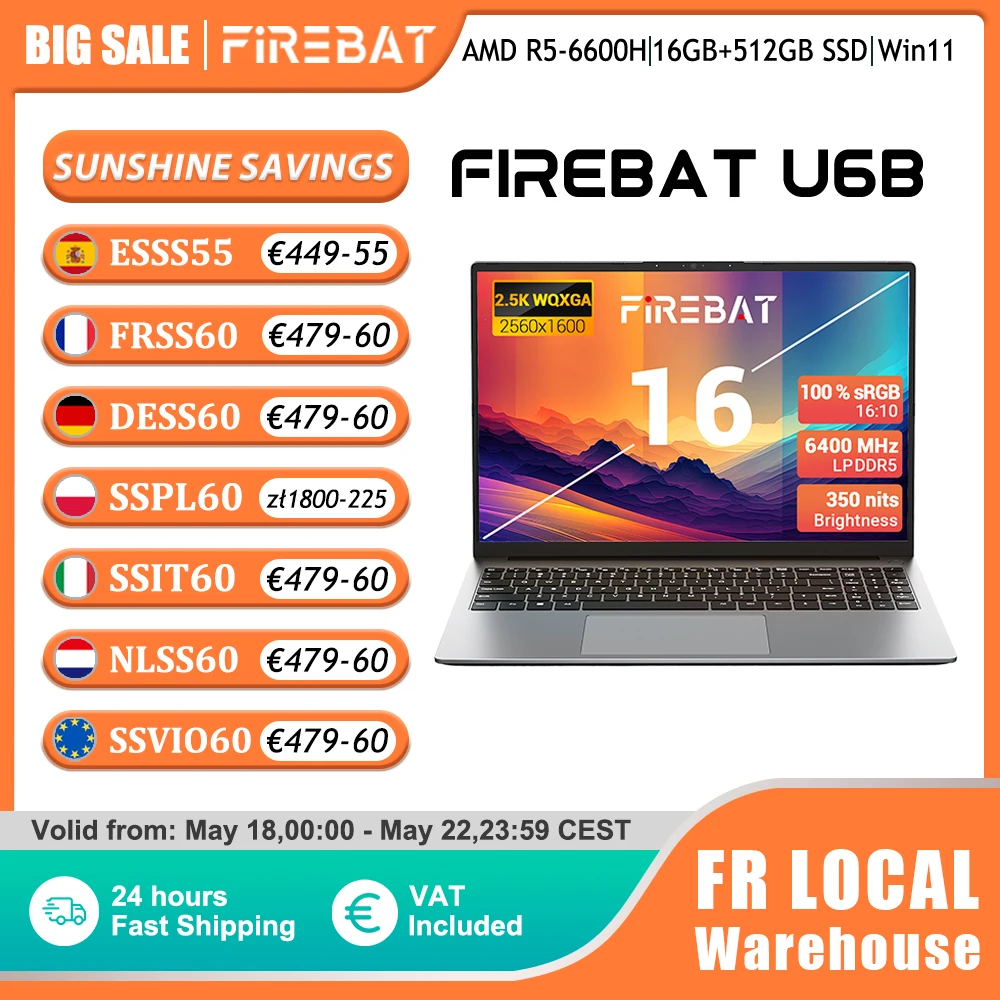Ordinateur portable Firebat U6B, AMD R5 6600H, DDR5 16 Go, SSD 512 Go, écran 16 pouces 2,5K 120 Hz IPS, Windows 11, Type-C, WIFI6, clavier pleine taille