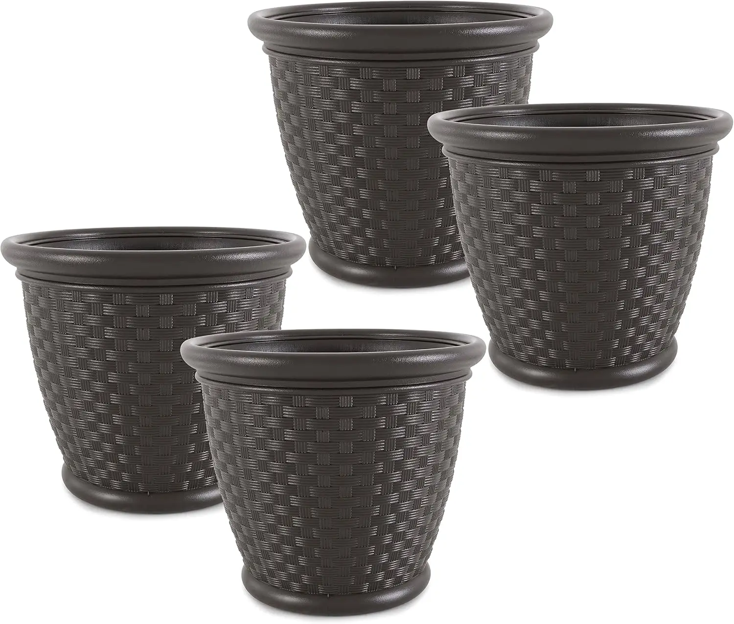 Suncast 4 Pack Sonora 18 Inch Lightweight Durable Plastic Wicker Decorative Flower Planter Pot for Yard, Garden, Indoor or Outdo