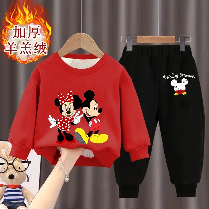 Mickey Minnie Mouse Sweatshirt Pants Cartoon Anime Crew Neck 2Pcs Sets Autumn Winter Thickened Lamb Loose Soft Clothing Kid Gift