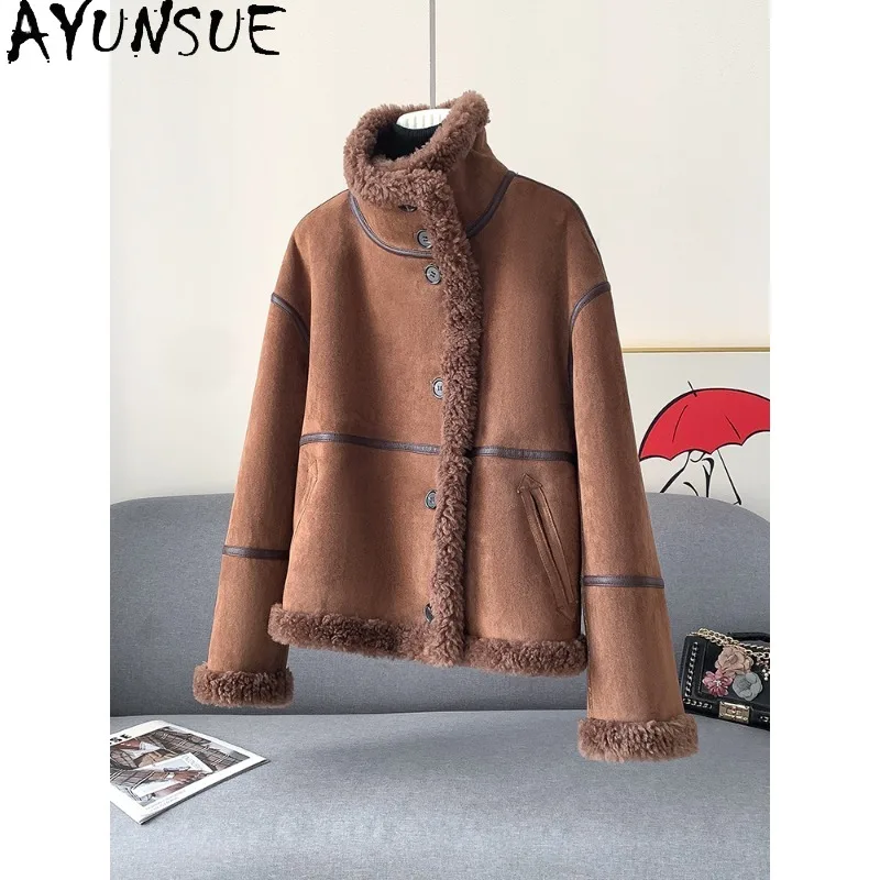سترة شتوية من الصوف 100% من AYUNSUE للسيدات 2025 معطف فرو الضأن على طراز الدراجة النارية سترات قصيرة للسيدات ملابس نسائية #2