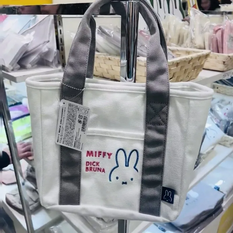 2025 New Japanese Miffy Rabbit Embroidery Series Canvas Bag Kawaii Large Capacity Handbag Student Office Bento Storage Bag