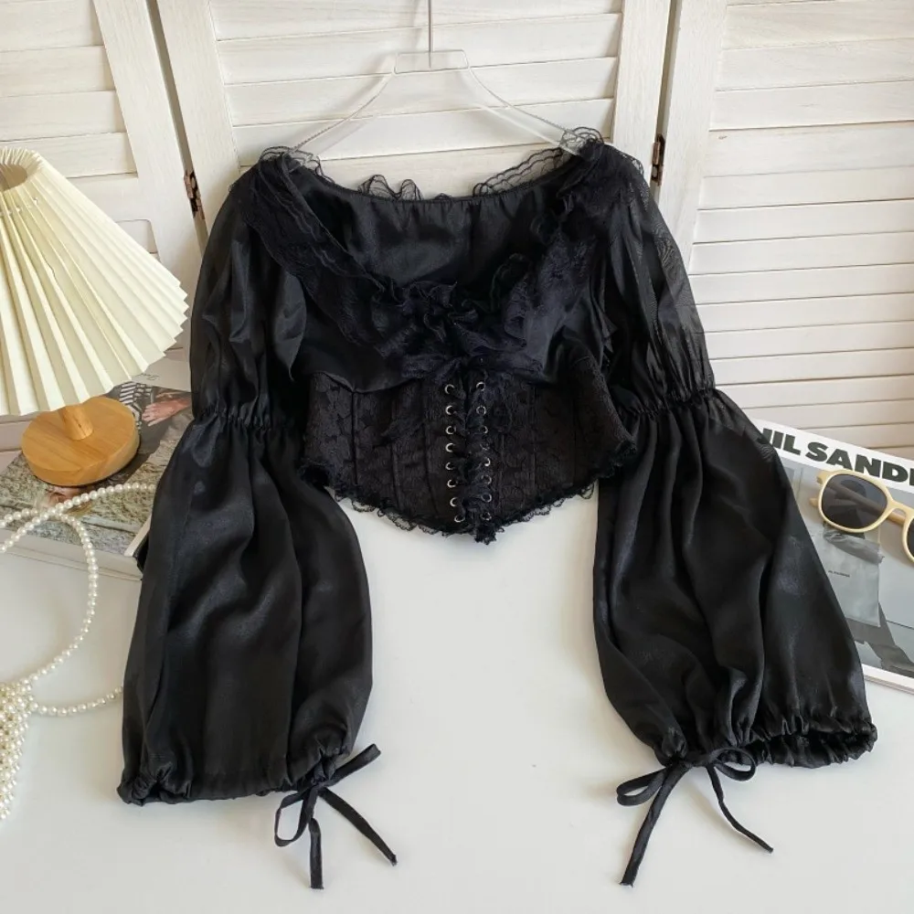 

Elegant Mesh Ruffled Lace Chiffon Tops Lace Patchwork Chiffon Blouse Puff Long Sleeve V Neck Lace-up Shirts Spring Summer