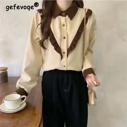 Elegant Turndown Collar Long Sleeve Loose Blouse Spring Autumn Solid Color Splicing Top Fashion Commute Women Clothing Shirt New