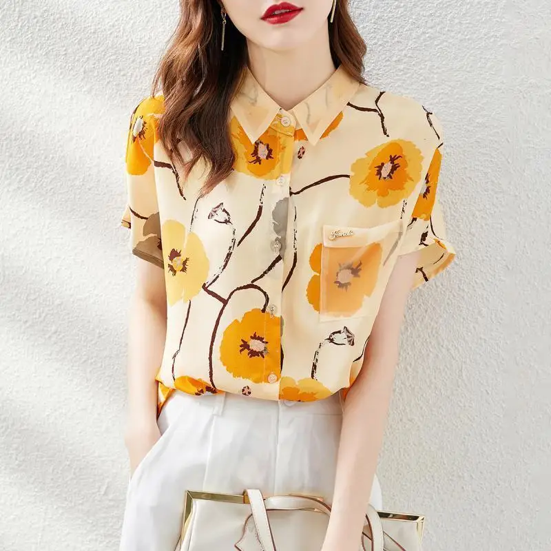 Vintage Printed Spliced Pockets Gauze Lapel Diamonds Oversized Chiffon Shirt Summer Casual Tops Loose Commute Women\'s Blouse