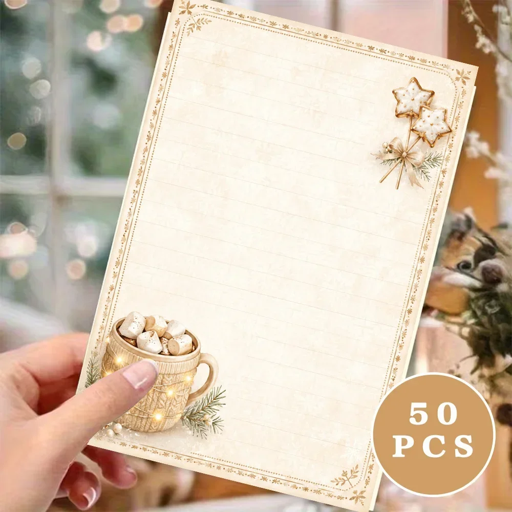 50 Sheets,  Cozy Retro Winter Warm Drink themed Writing Paper, Lined, Gluefree, Perfect for Notebooks, Memos, and Stickers