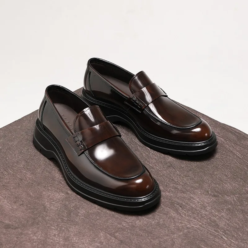 

Mens Leather Loafers Slip On Shoes British Style Thick Sole Round Toe Business Casual Shoes