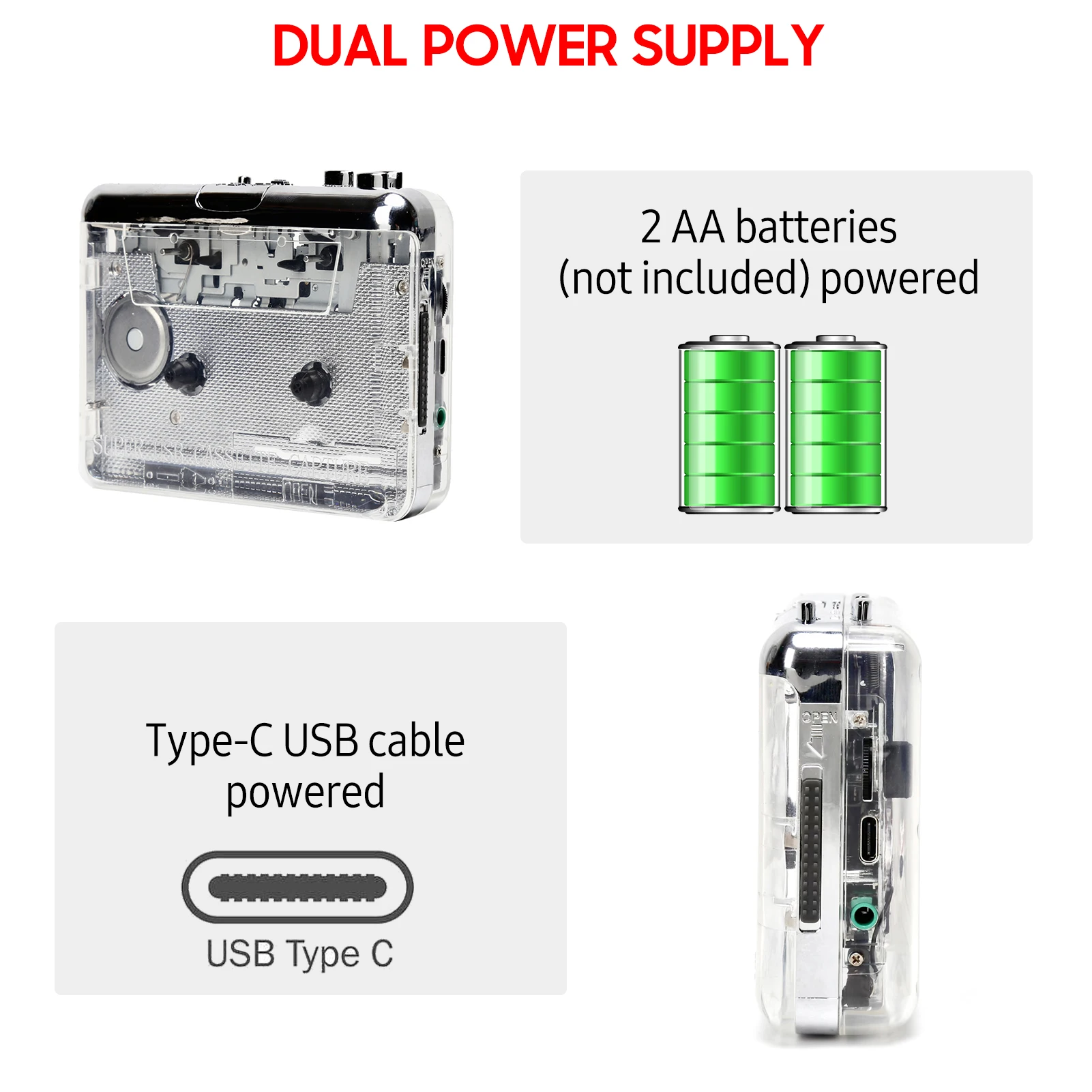 TON010 Cassette Player Portable Tape Recorder To Mp3 Full Transparent Shell USB Cassette Capture To MP3 Format Tape Music Player