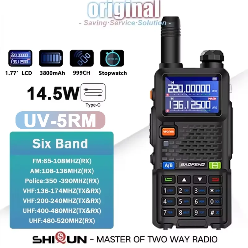 UV-5RM Baofeng Walkie Talkie 3800mAh Battery USB-C Charger 14.5W UHF VHF Wirless Copy Frequency 999CH FM Ham Radio Update UV-5RH