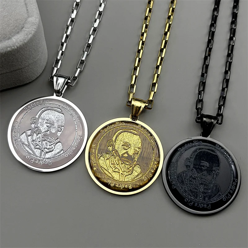 

Padre Pio Tiger Eye Stone Medal Pendant Necklace for Women Men Stainless Steel Gold Silver Color Chatholic Chain Jewelry Gift