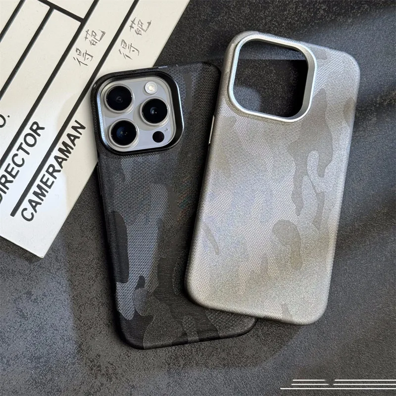 For iPhone 12 13 14 15 16 Pro Max Pattern Camouflage Leather Back Case Shockproof Matte Magnetic Luxury Anti-Fingerprint Cover