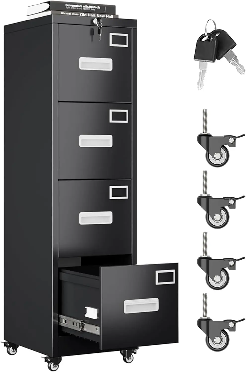 

File Cabinet 4 Drawer with Wheels, Lockable Office Metal Filing Cabinet with Name Card for Office and Home,Assembly Required