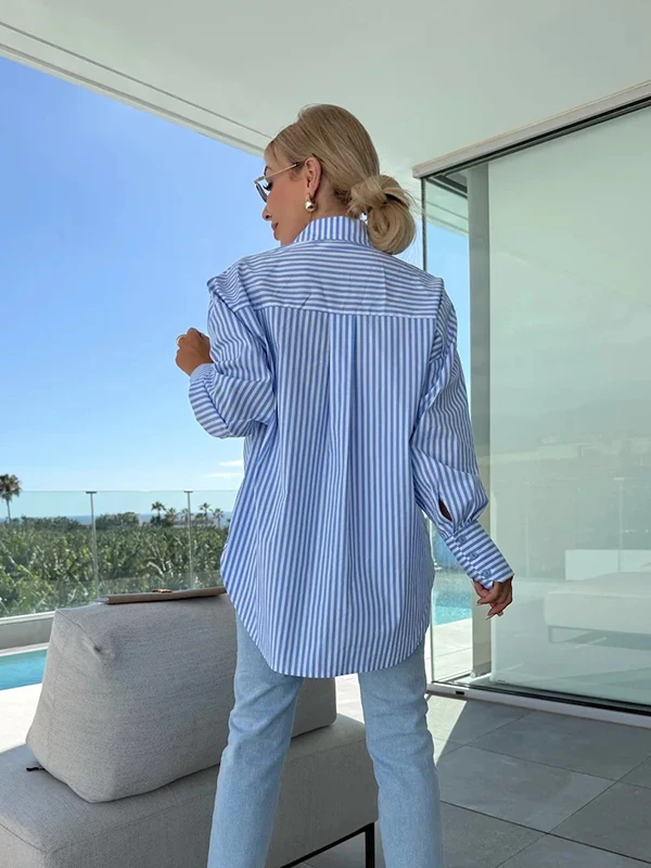 Faionable مخطط فضفاض طويل Sve irt زر واحد OL Commute Sle المرأة قسط ربيع الخريف أعلى ألياف البوليستر