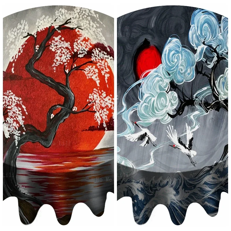 Japanese Crimson Moon Delicate Flowers Great Wave A Row Of Crane Flew Into The Sky Round Tablecloth By Ho Me Lili Tabletop Decor